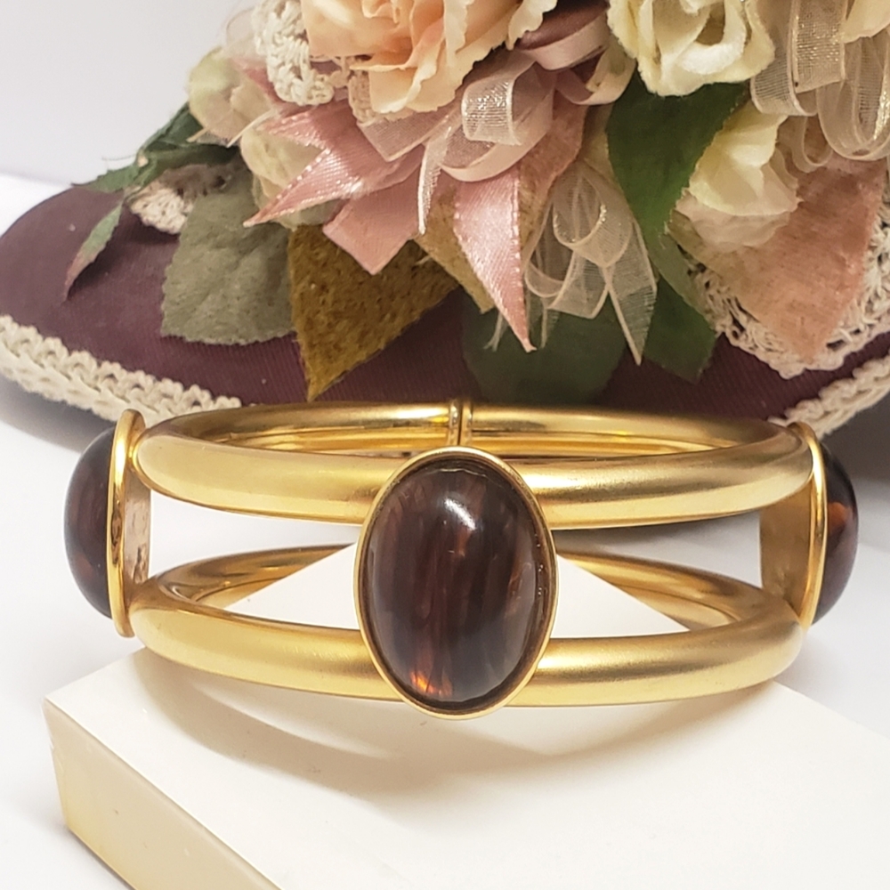 Unique Goldtone Glass Tortoise Bead Statement Bangle Bracelet